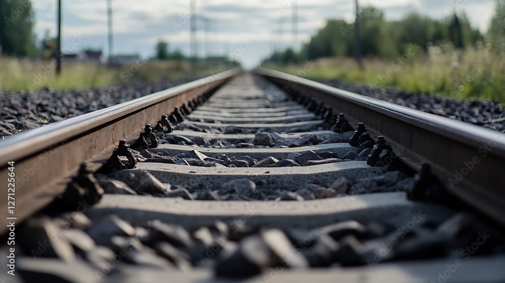 Poster A closeup view of railway tracks stretching into the distance surrounded by lush greenery : Generative AI