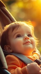 A baby with bright eyes smiles while resting in a stroller under the warm afternoon sun