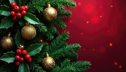 Fototapeta premium Evergreen holly branches adorned with red berries and golden ornaments against a classic red and green Christmas background, festive colors, holly leaves, evergreen trees