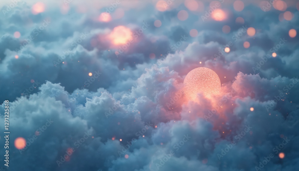 Poster digital art of clouds with orange sphere and bokeh effect. background of sky with clouds and glowing