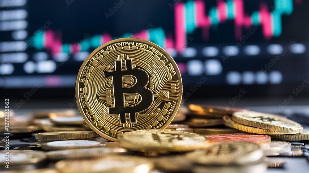 Aufkleber Shiny Gold Bitcoin Cryptocurrency Coin on Laptop with Financial Charts in Background : Generative AI