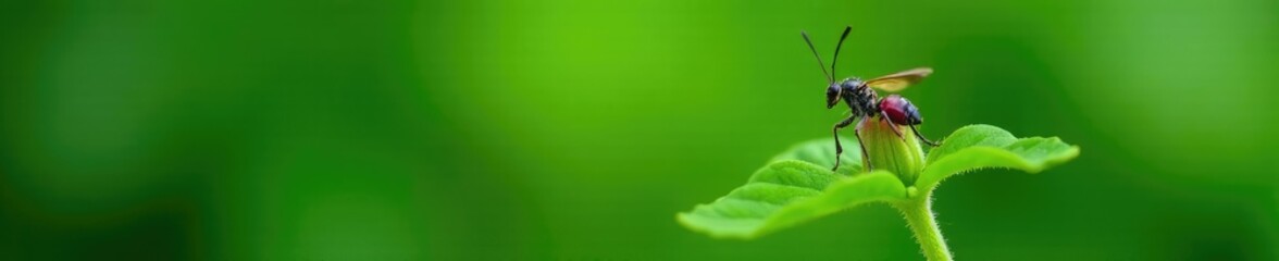Green stem with purple Himalayan Balsam Impatiens glandulifera and wasp on green background, botanicals, entomology
