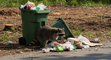 Raccoon Searching Trash Bin for Food Near Park or Residential Area