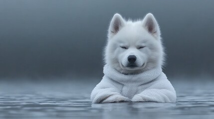 Fototapeta premium White dog in sweater, serene lake, foggy day, pet portrait