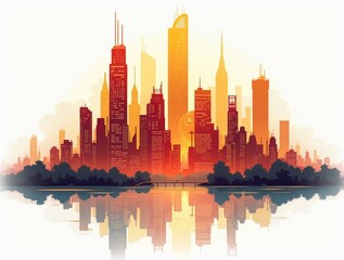 Cityscape of a Metropolis with Skyscrapers and Urban Landscapes at Sunset