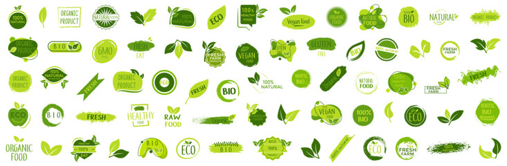 Set of organic, bio, healthy, vegan, natural green sticker