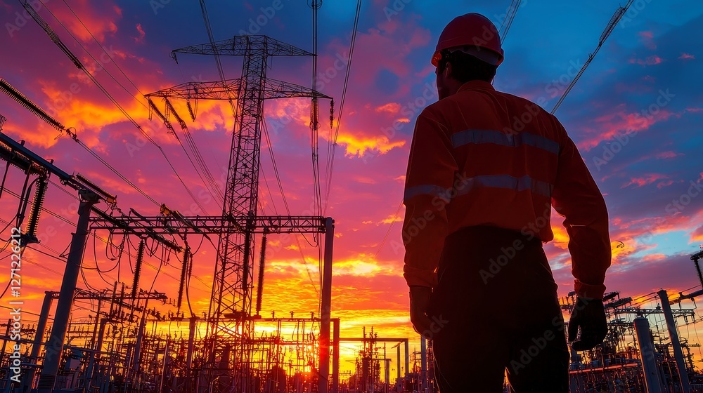 Poster power plant operator in energy production, overseeing generator functions, adjusting output levels, 