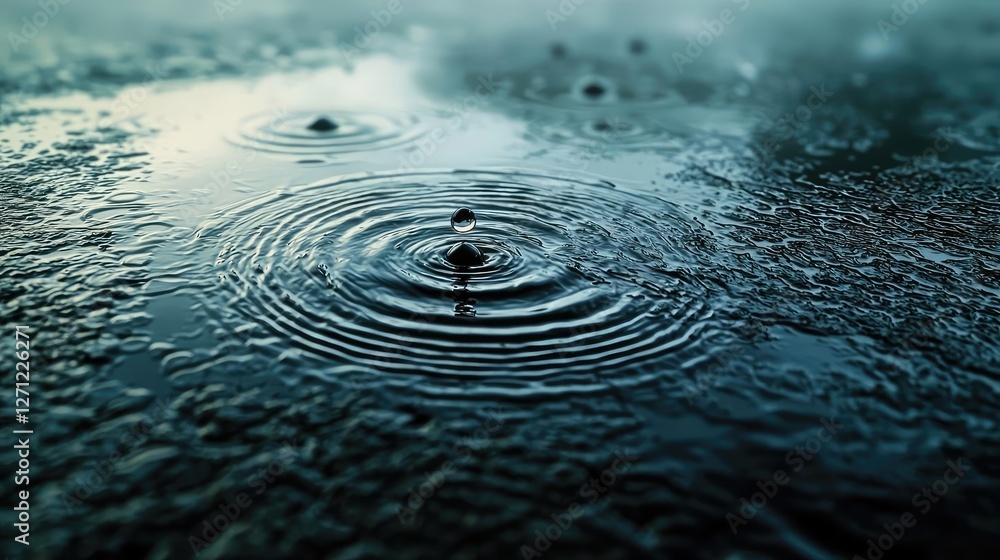 Aufkleber acid rain climate change concept. a serene close-up of raindrops creating ripples in a tranquil pudd