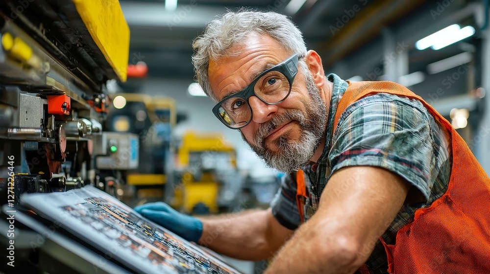 Aufkleber printing press technician in publishing, expertly calibrating machines, ensuring high print quality,