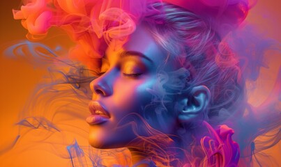 Fototapeta premium A woman with a purple and blue hair is in the middle of a smokey background