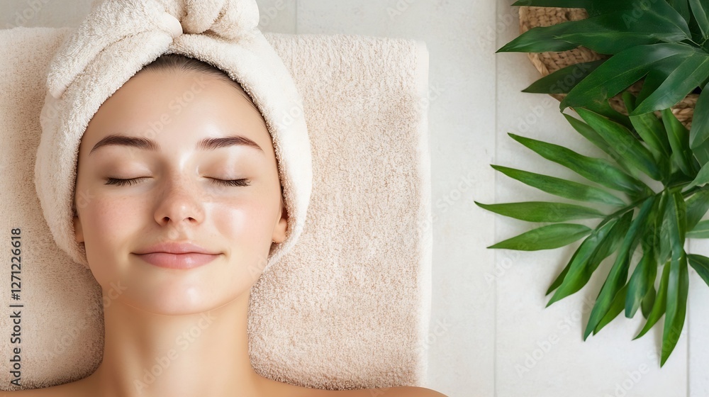 Poster relaxed woman enjoying a spa day with a head towel and soft towels surrounded by greenery promoting 