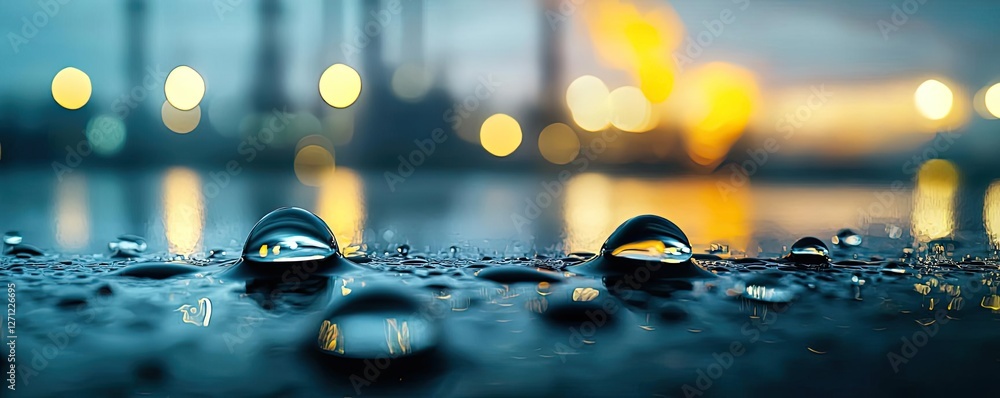 Poster acid rain climate change idea. close-up of raindrops on a surface with industrial background and bok