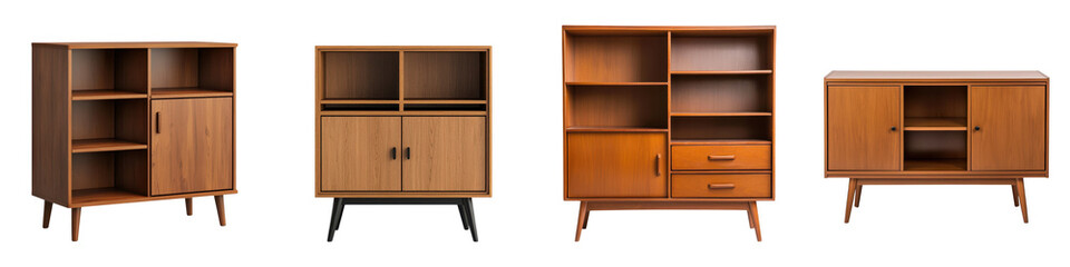 Variety of contemporary and retro inspired wooden cabinets shelving units and storage solutions for organizing and decorating living rooms bedrooms and home offices