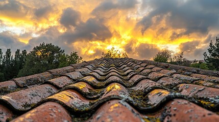 Acid rain climate change concept. A captivating rooftop view during a vibrant sunset with dramatic clouds.