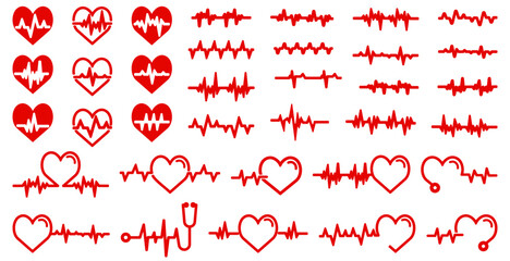 Set of red heartbeat pulse. Heartbeat icons collection