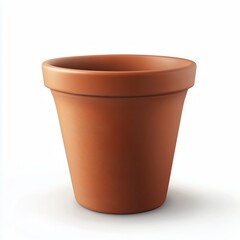 A realistic terracotta clay flower pot with a smooth surface, tapered shape, and rolled rim, isolated on a clean white background with perfect lighting.