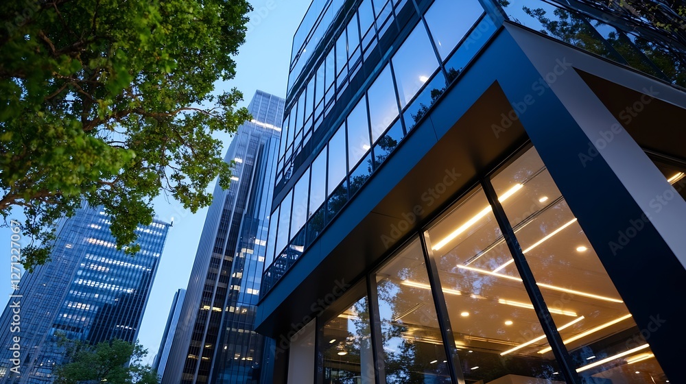 Aufkleber stunning modern building surrounded by green trees in urban setting at dusk : generative ai