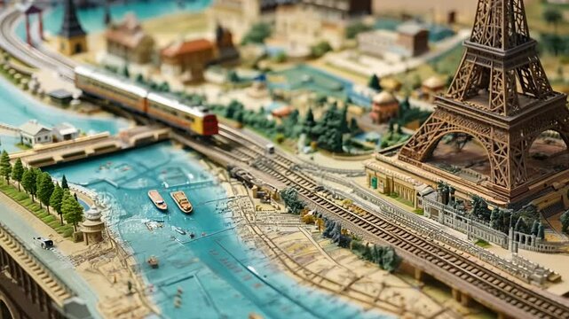 A charming railway winds its way through a detailed map of Paris, highlighting famous landmarks like the Eiffel Tower, inviting travelers to embark on a delightful journey.
