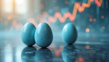 Easter eggs reflect stock market data. Blue speckled eggs symbolize investment growth during holiday. Abstract finance concept about inflation, price increase, economic forecasts, trading amid Easter