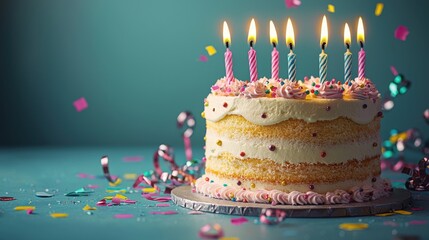 Delightful birthday cake adorned with candles and festive decorations on a vibrant table