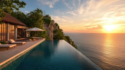 Fototapeta premium A stunning infinity pool overlooking the ocean during a vibrant sunset, surrounded by lush greenery and elegant outdoor furnishings.