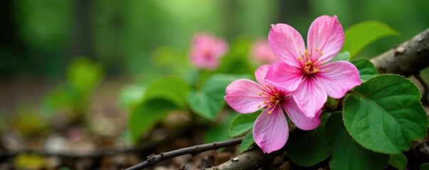 Fototapeta premium Pink blossoms nestled among green leaves and twigs, floral arrangement, rustic charm, forest floor