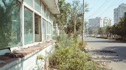 Overgrown building, city street, urban decay, background buildings, for urban decay articles