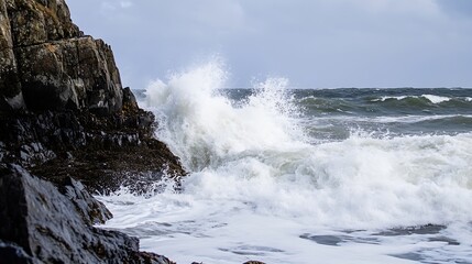 Powerful Ocean Waves Crashing Against Rocky Shoreline Captured in Stunning Detail : Generative AI