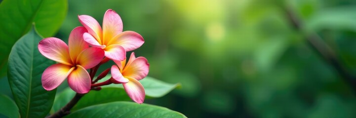 Fototapeta premium Plumeria flowers with delicate water droplets and soft focus background, greenery, soft focus, leafy