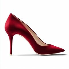 Obraz premium A single elegant red suede high-heeled pump pointed toe slim stiletto heel soft velvety texture deep red color beige leather interior side profile pure white background.