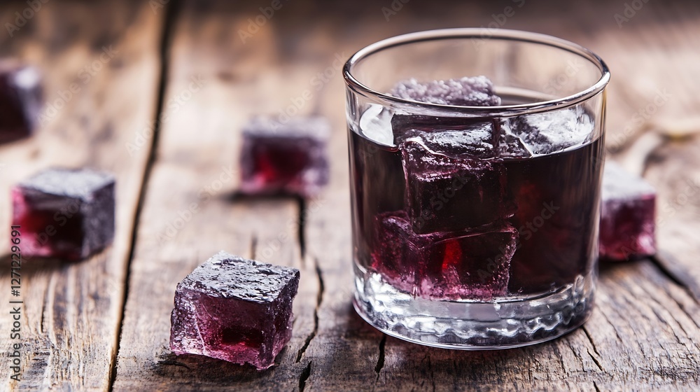 Poster glass of dark jelly drink with ice cubes on rustic wooden table ready to enjoy : generative ai
