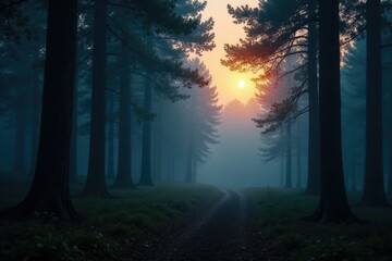Obraz premium Serene forest at dusk with misty fog and soft lighting, tranquility, peaceful evening, misty forest