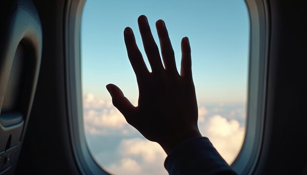 Silhouetted hand waves goodbye from airplane window against sky with clouds at dusk. Concept of flight, travel, vacation and freedom. Human says adieu from the plane during journey in height.