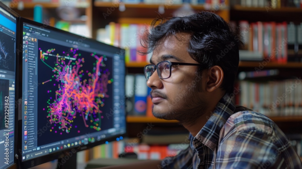 Aufkleber A young person with glasses intently observes multiple screens displaying intricate data visualizations.