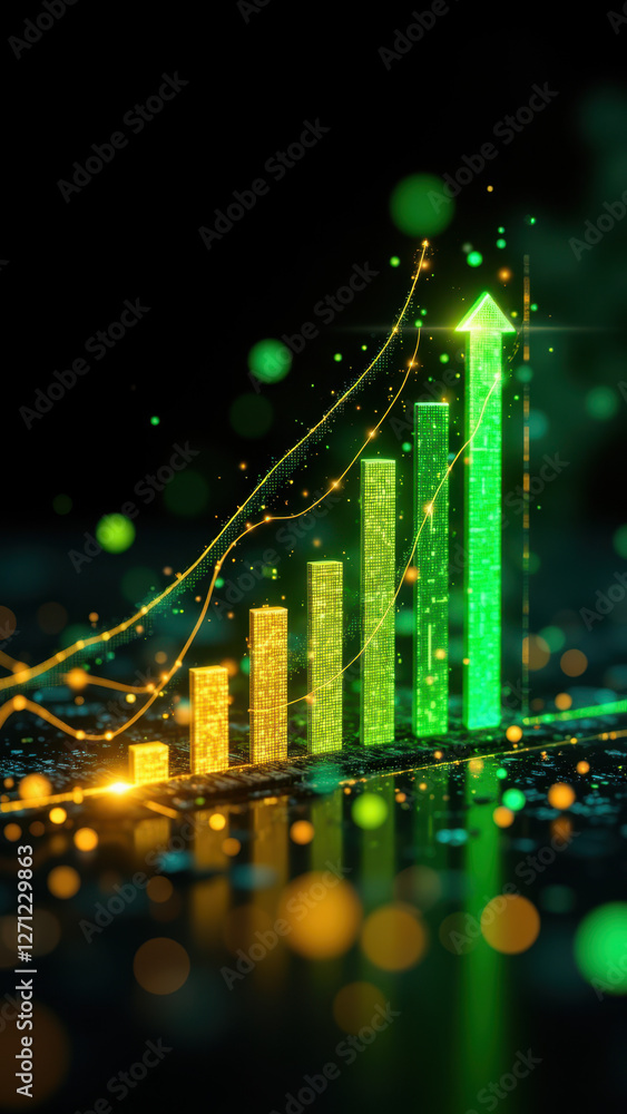 Aufkleber graphic representation of financial growth with ascending chart bars and a rising green line against