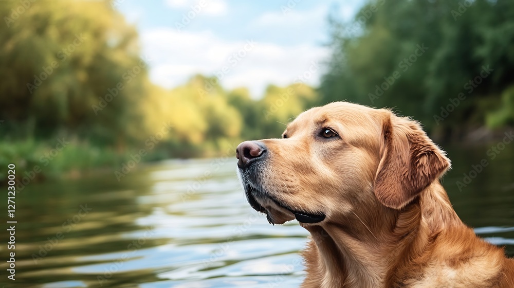 Aufkleber Gentle golden retriever gazing thoughtfully while resting by the tranquil river surrounded by lush trees : Generative AI