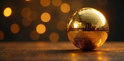 Shimmering gold disco sphere on a wooden table top, centerpiece, elegant