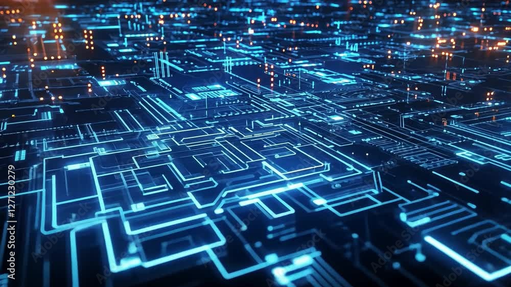 Poster abstract circuitry: a mesmerizing top-down perspective of a sprawling circuit board with glowing blu