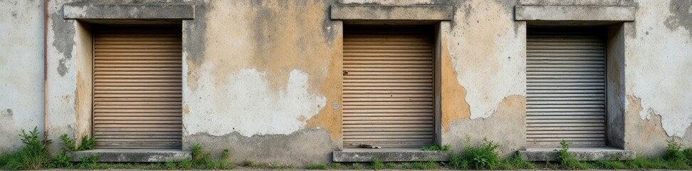 Shuttered windows in a decaying concrete facade, concrete, weathering
