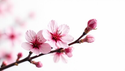 Fototapeta premium Single blooming cherry twig with pink petals on white background, blossom, closeup, springtime