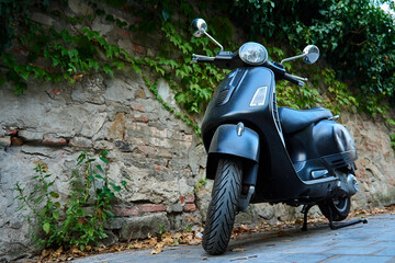 Black scooter parked on cobblestone street against old brick wall covered in green ivy. Vintage...