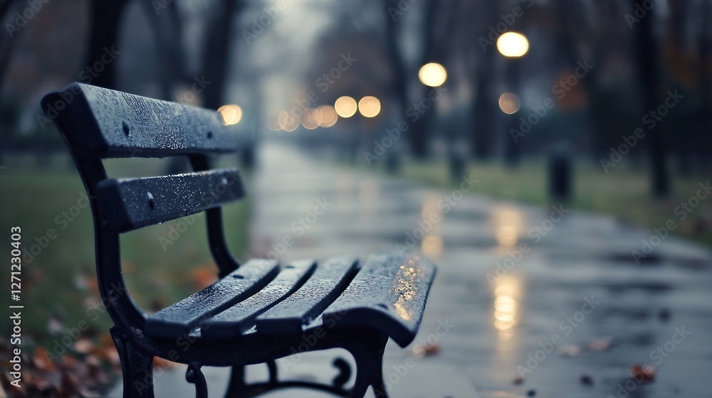 Poster rainy day park bench surrounded by soft lights creating a tranquil evening ambiance : generative ai