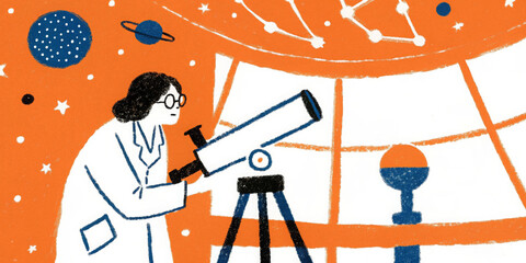 Female astronomer observing stars through telescope in stylized illustration