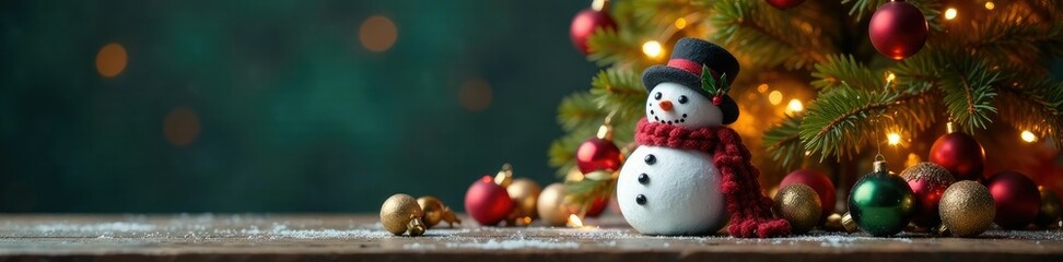 Snowman and a few ornaments on a tabletop next to a large Christmas tree, holiday decor, festive