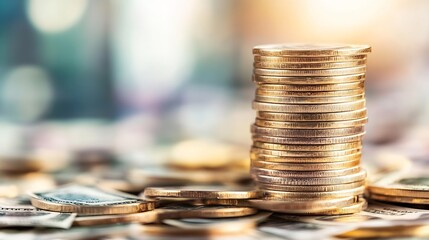 Stacks of golden coins surrounded by crumpled dollar bills representing wealth and finance : Generative AI