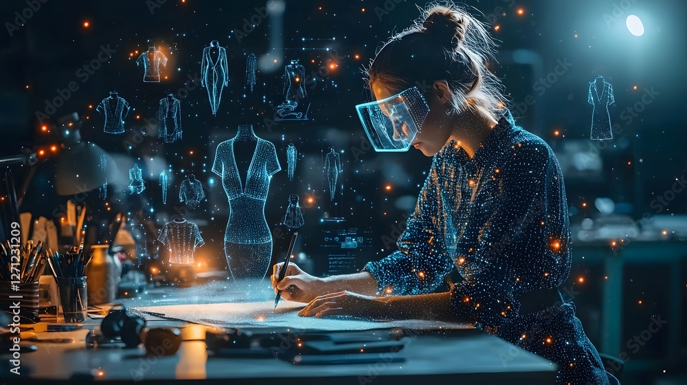 Poster designer sketching futuristic holographic outfit designs with floating 3d visual elements in a moder