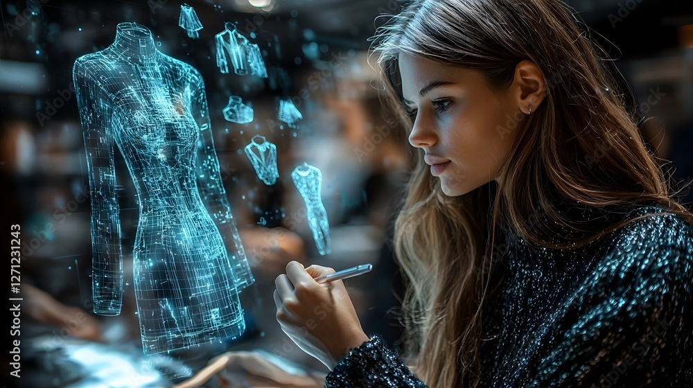 Aufkleber designer sketching holographic outfit designs with floating 3d digital elements in a studio setting 