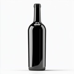 A sleek elegant black wine bottle smooth glossy surface minimalist design black foil capsule no label front-facing pure white background.