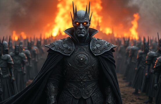 Lord in dark armor with glowing eyes. Fantasy knight leader with army. Evil warrior against fire background. Middle Ages battle concept with fantasy character. Dark lord illustration.