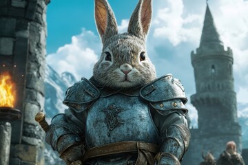 Fototapeta premium Armored rabbit warrior in fantasy castle setting with sword